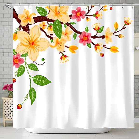 Vibrant Floral Shower Curtain with Yellow Pink & Orange Flowers Cheerful Bathroom Decor