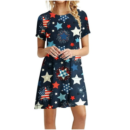 

Hvyesh Womens Sundresses 2023 Plus Size Loose Fit Midi Dress American Flag Pattern Round Neck Dresses Short Sleeve Trendy Tunic Dress Sky Blue