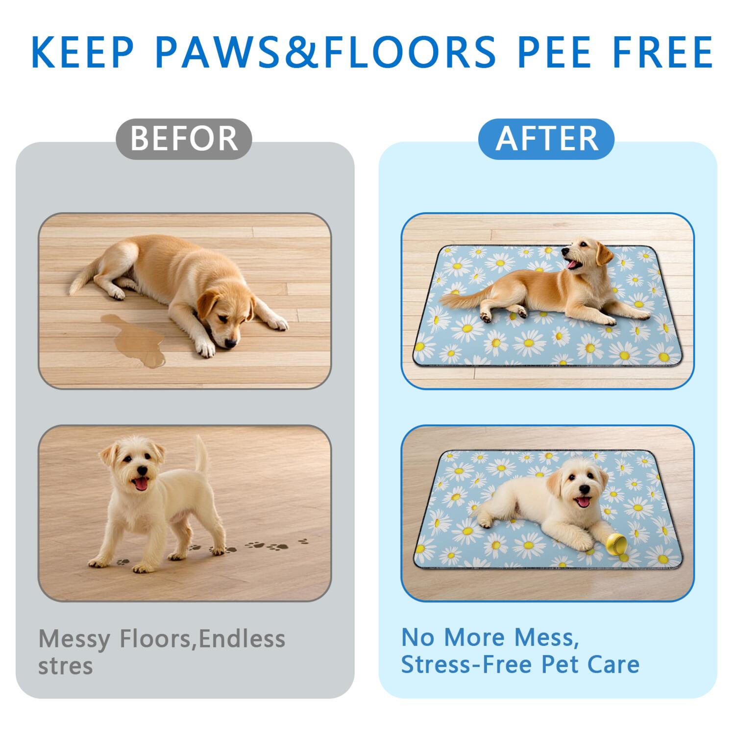 2-Set Floral Print Reusable Potty Pads, Washable Dog Training Mats 24x35 Inch, Non-Slip Puppy House Training Solution for Crate Areas