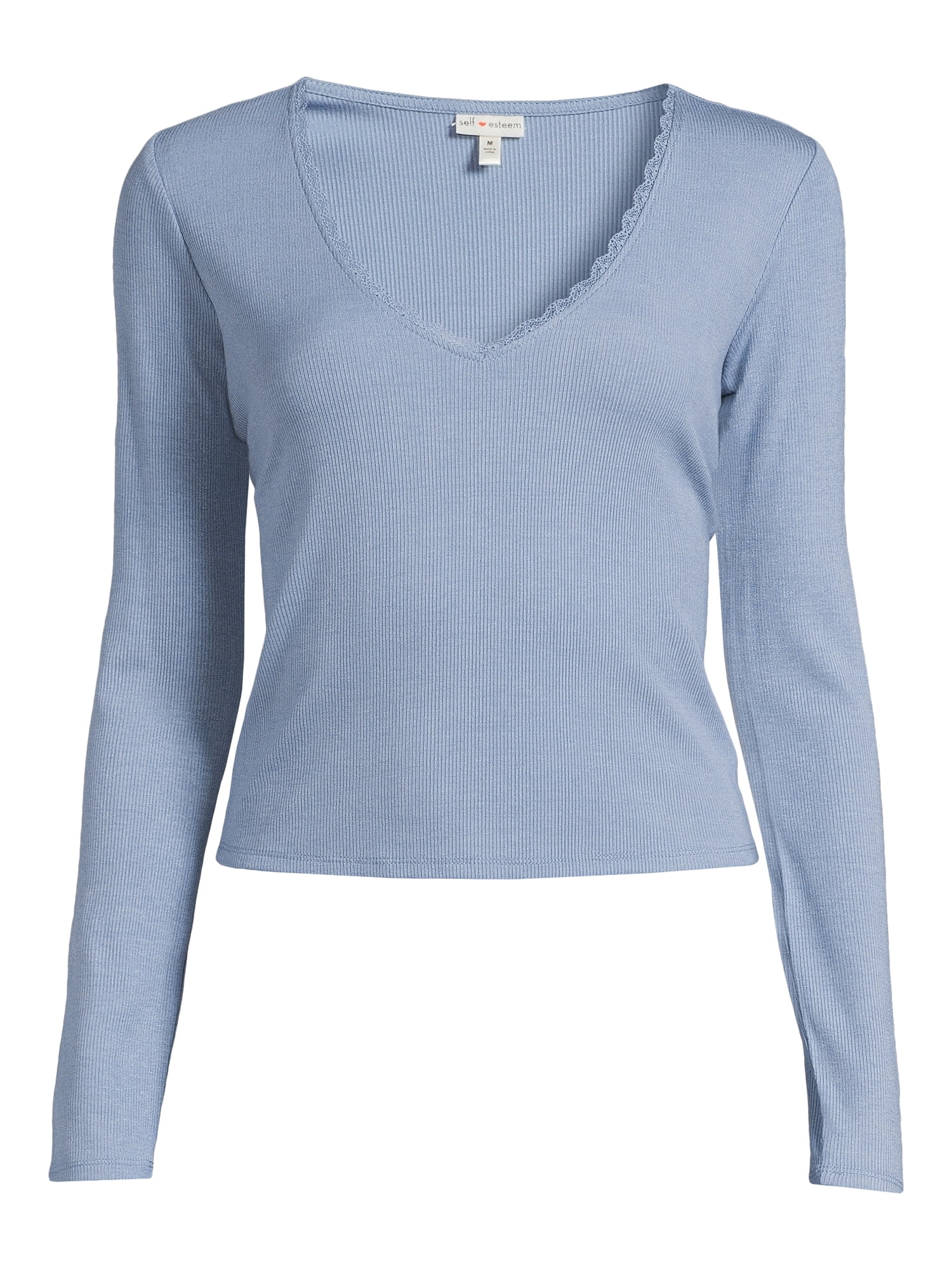 Self Esteem Juniors Lace Trim V-Neck Tee with Long Sleeves
