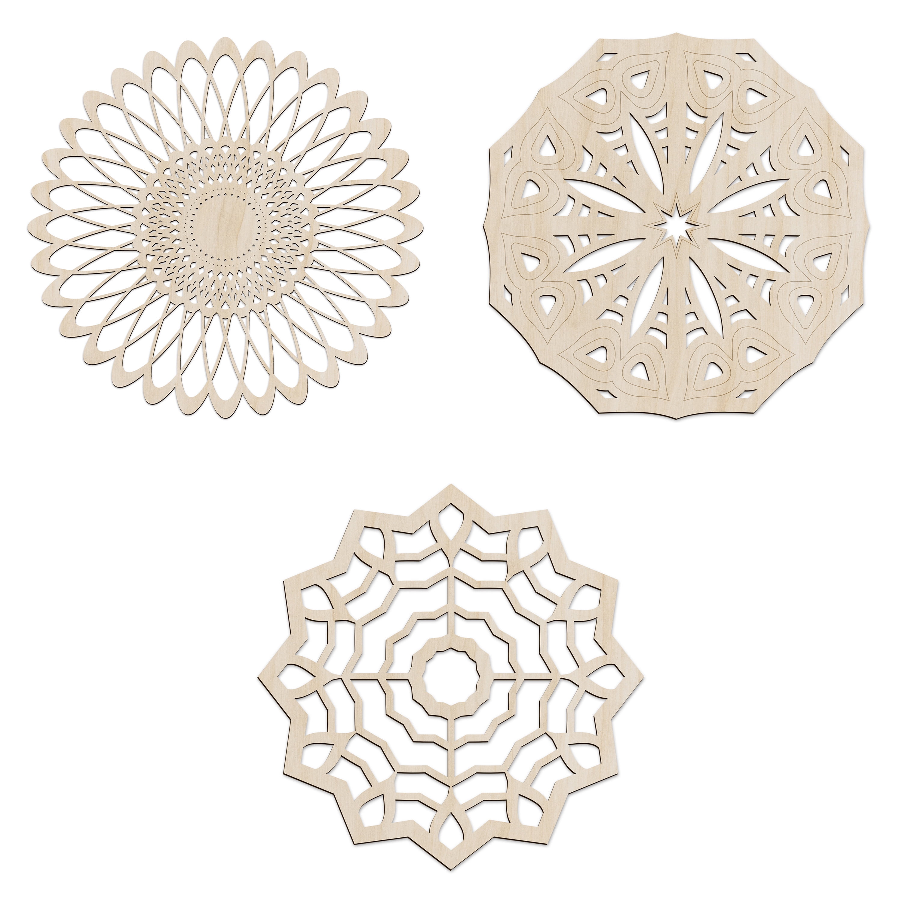 Mandala Wooden Wall Art Set of 3, Sun Inspired Floral Design Web Look  Motif, Birch Plywood Rustic Wall Art Accent for Hallway Bedroom Living Room  and Offices, 11.4" X 11.4" X 0.1",