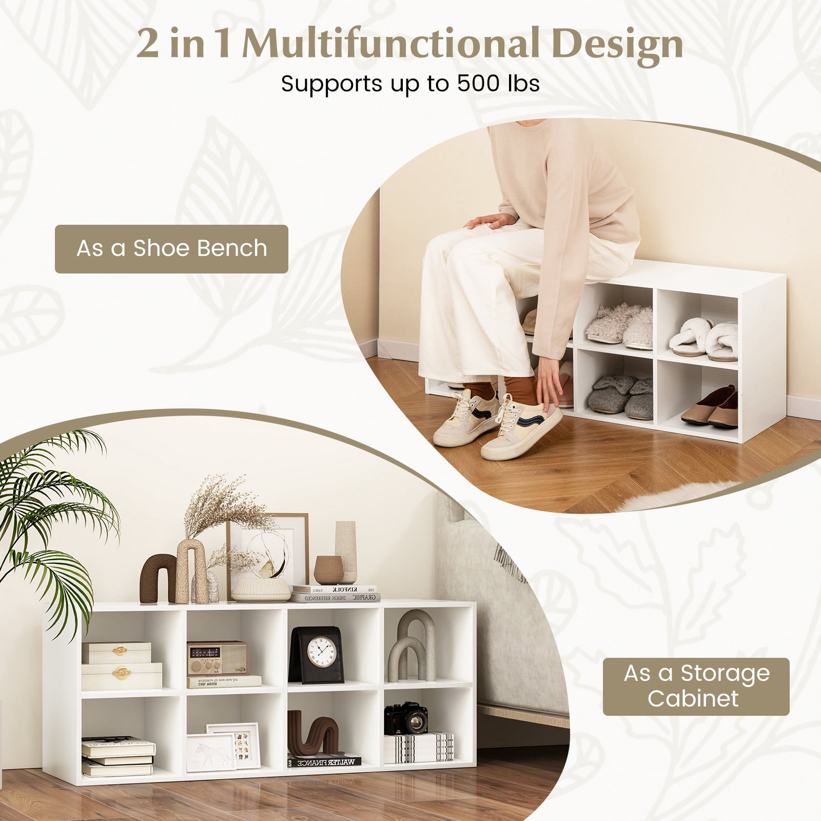 Giantex 8-Cubby Shoe Storage Bench, Entryway Shoe Rack Organizer, Multifunctional Bed End Bench, White