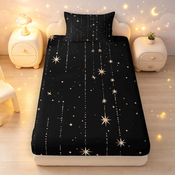 Manfei Glowing Stars Twin Fitted Sheet,Sprinkle Print Bedding,Black Gold,2 Pieces