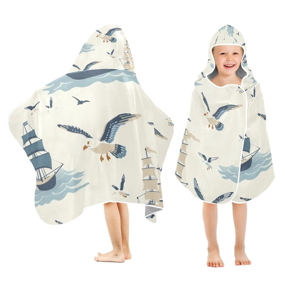 Retro Seagulls and Ship Kids Hooded Beach Towel Baby Bath Poncho Towels with Hood Absorbent 50"x23.5" for Pool Swimming