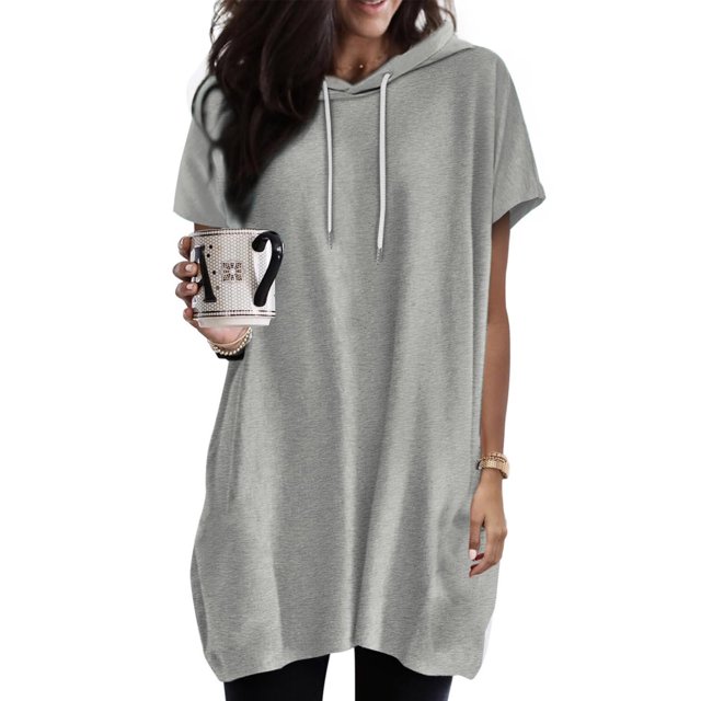 Qertyioot Femmes à Capuche Couleur Unie Cordon Col Rond à Manches Courtes T-shirt en Vrac Top