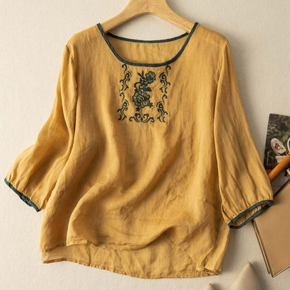 SHITINN Women's T Shirts Women's Summer 3/4 Sleeve T Shirt Ethnic Style Casual Embroidered Vintage Fashion Top Short Sleeve Blouses Summer Clothes