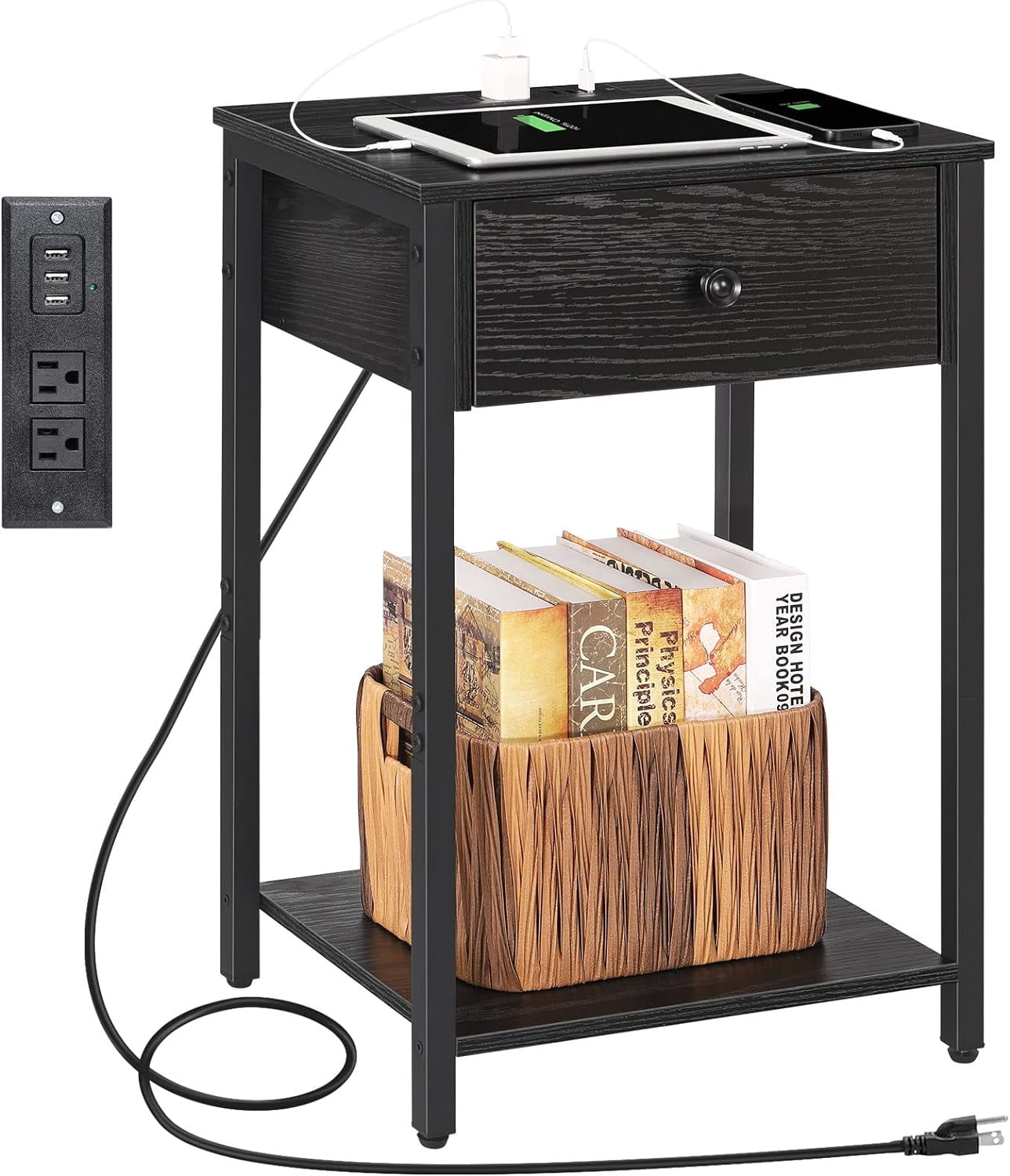 Oumilen Adult Modern Nightstand with Plug Drawer Three USB Models, Black