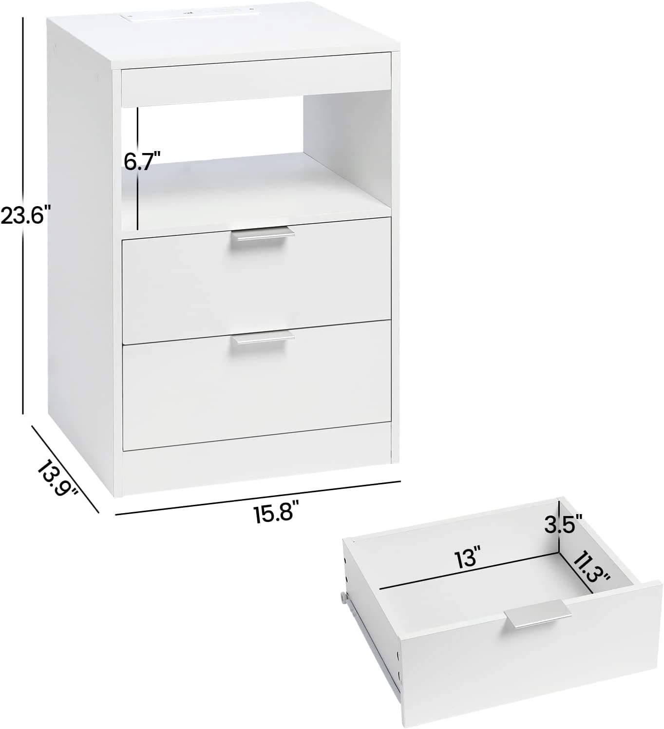 Amuzer Nightstand with Drawers, End Table with Wireless Charging Station, Side Table with LED Lights, White