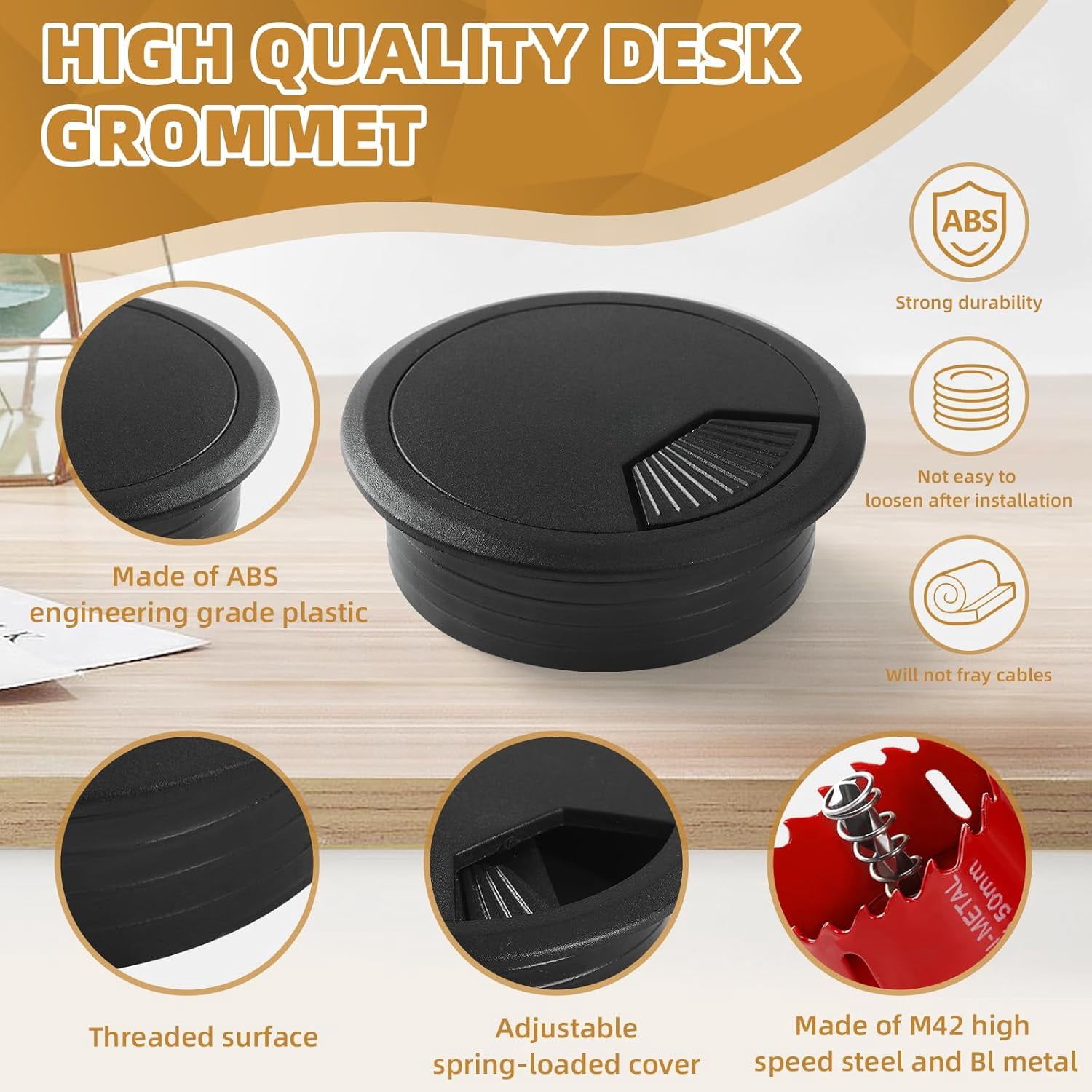 Desk Grommet 2 I h (50 mm) 10 Pieces, Desk Hole Cover for Cables Black, ABS Plastic Grommet Hole Cover with Hole Saw for Wires Cables Through The Countertop by