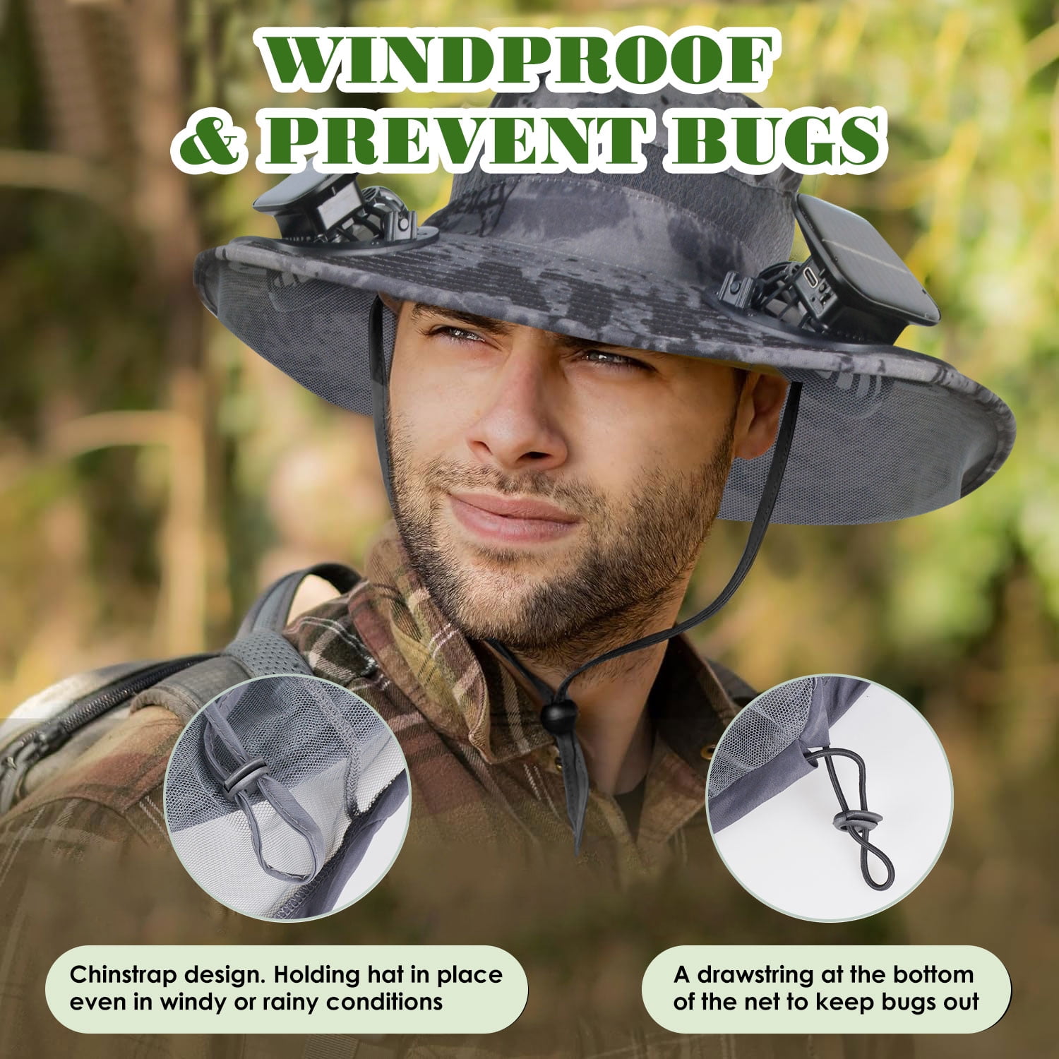Solar Fan Hat with Mesh, AYAMAYA UPF50+ USB Charging Solar Fans Sun Hat with Mosquito Net & Wide Brim for Working Hiking