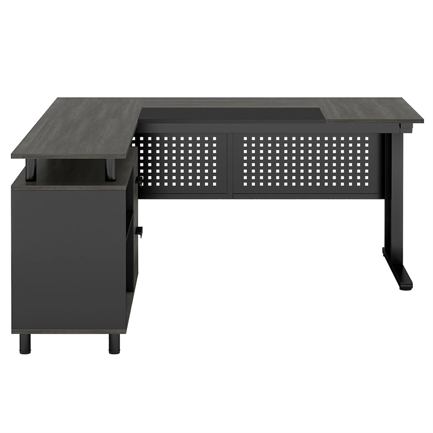 Demi Bonn 63" L-Shaped Computer Desk with File Cabinet and 2 Drawers, Corner Office Desk Study/Writing Table for Home Office Gaming, Gray & Black