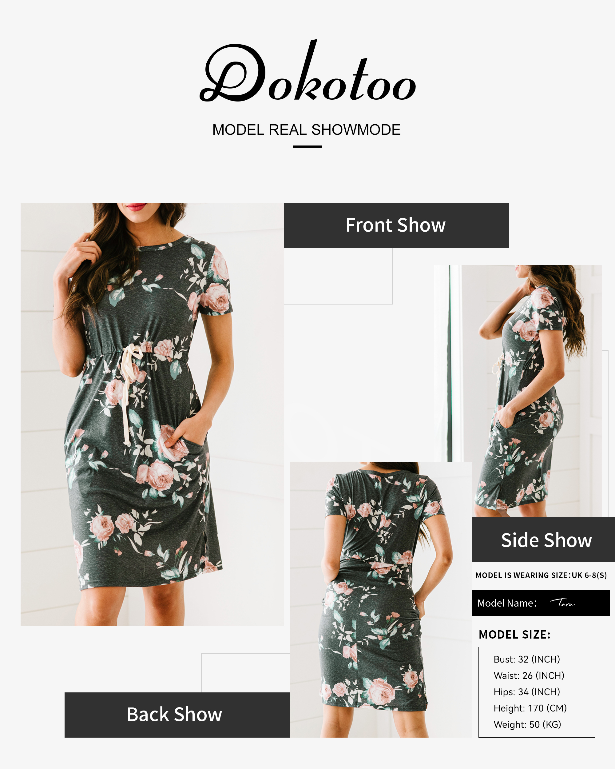 Dokotoo Women's Beach A Line Floral Print Casual Drawstring Waist Side Split T-Shirt Dresses with Pockets Short Sleeve Boat Neck Summer Loose Dress S-XL - image 2 of 7