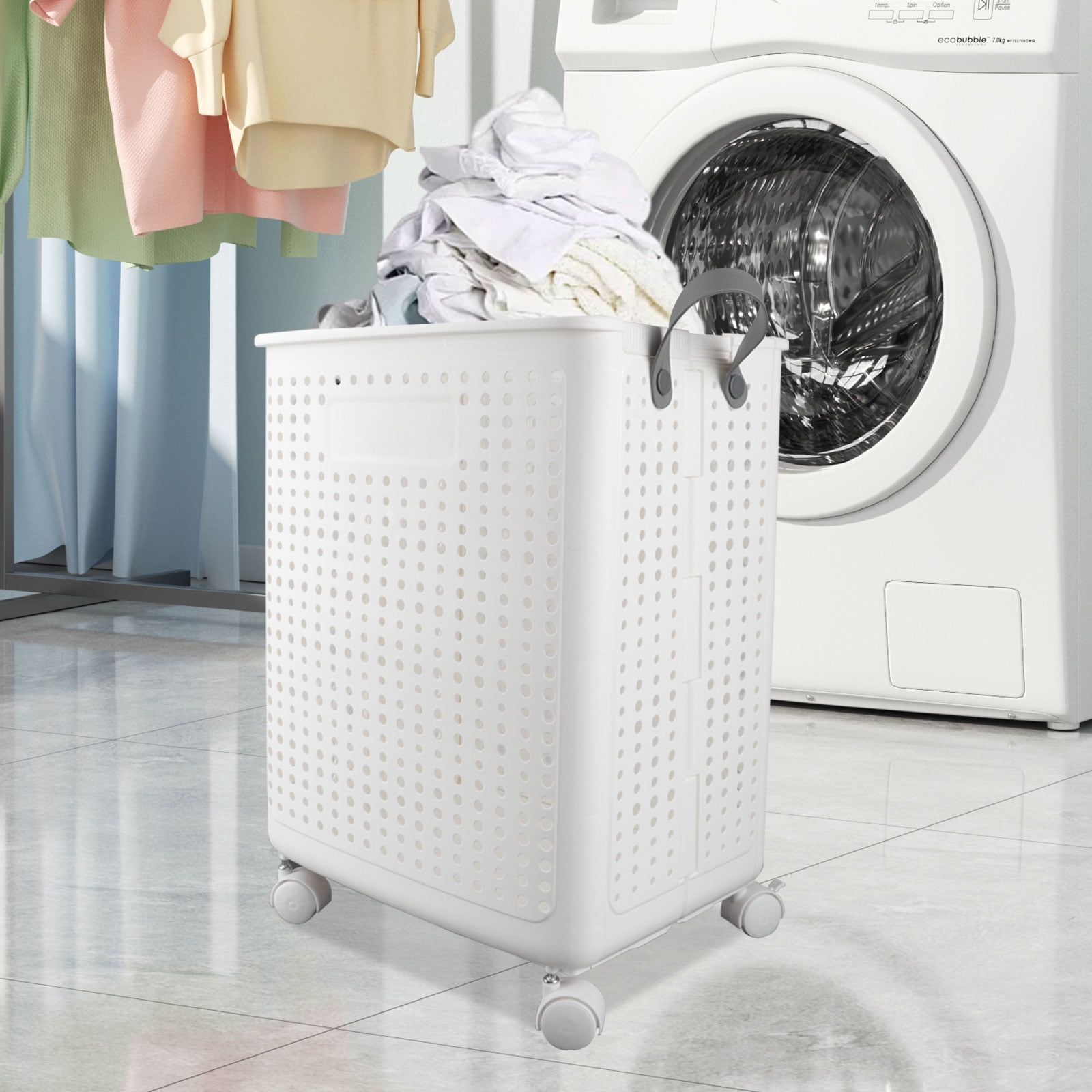 Collapsable Laundry Hamper with Wheels and Lid, 41.5L Rolling Laundry Basket with Handle, Foldable Storage Bins for Corner Bedroom Bathroom