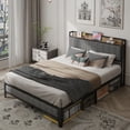 thumbnail image 2 of Full Size Bed Frame with Linen Upholstered Headboard, Metal Platform Bed Frame with Charging Station, No Box Spring Needed, Under Bed Storage, Easy Assembly, 2 of 9