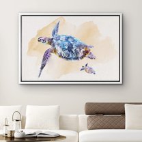 PixonSign Framed Canvas Print Wall Art Watercolor Purple and Blue Turtle Animals Ocean Illustrations Modern Art Beach Relax/Calm Multicolor Ultra for Living Room, Bedroom, Office - 16"x24" White