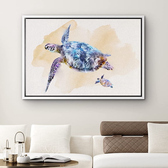 PixonSign Framed Canvas Print Wall Art Watercolor Purple and Blue Turtle Animals Ocean Illustrations Modern Art Beach Relax/Calm Multicolor Ultra for Living Room, Bedroom, Office - 16"x24" White