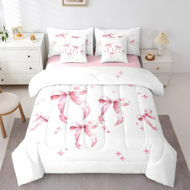 Erosebridal Ensemble de Literie Nœud Papillon Rose Girly Taille Complète, Ensemble de Couette Nœud Dessin Animé avec Draps, Décor Étoiles Rêveuses, Réversible 7 Pcs