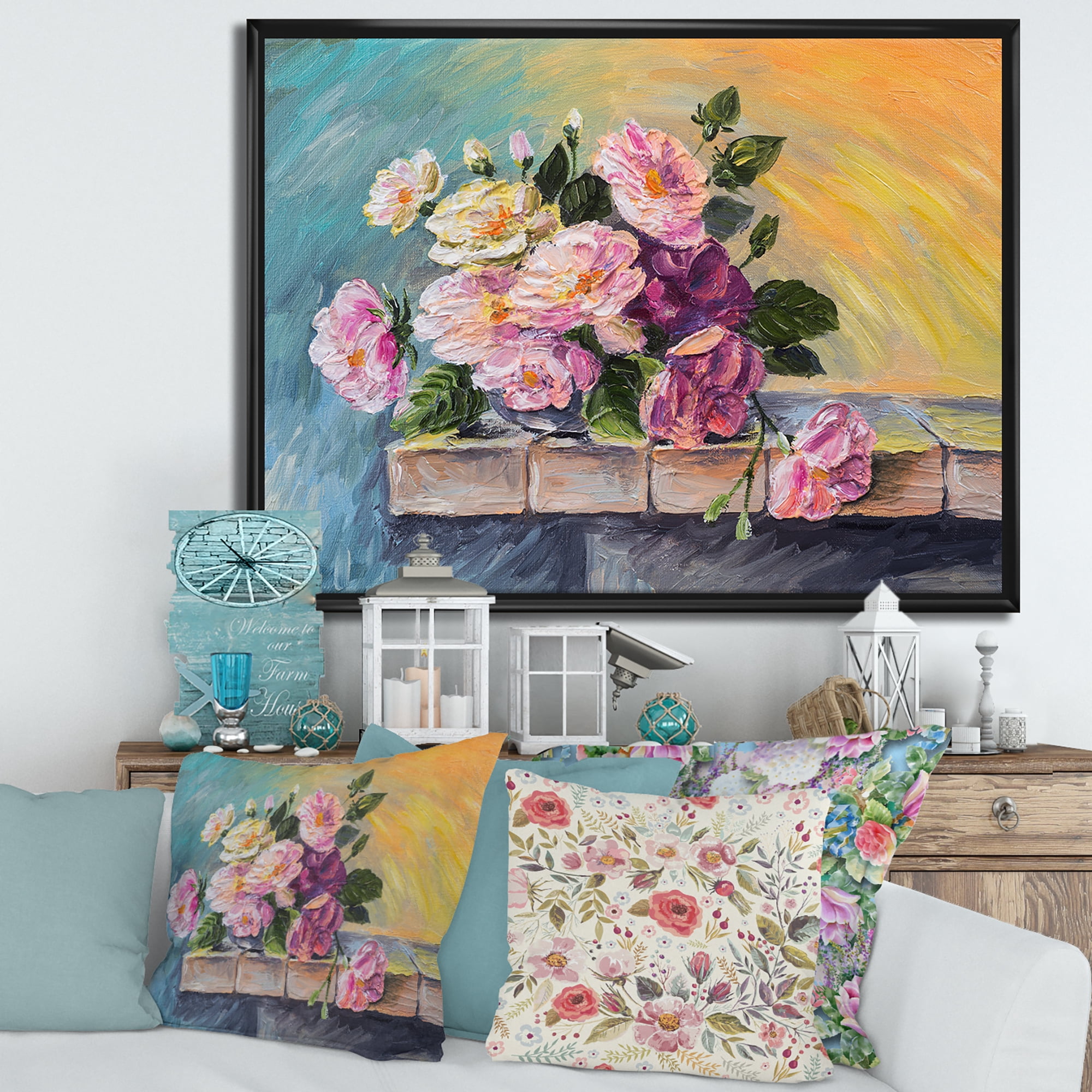 Designart 'Still Life With Bouquet Of Pink Flowers' Traditional Framed Canvas Wall Art Print