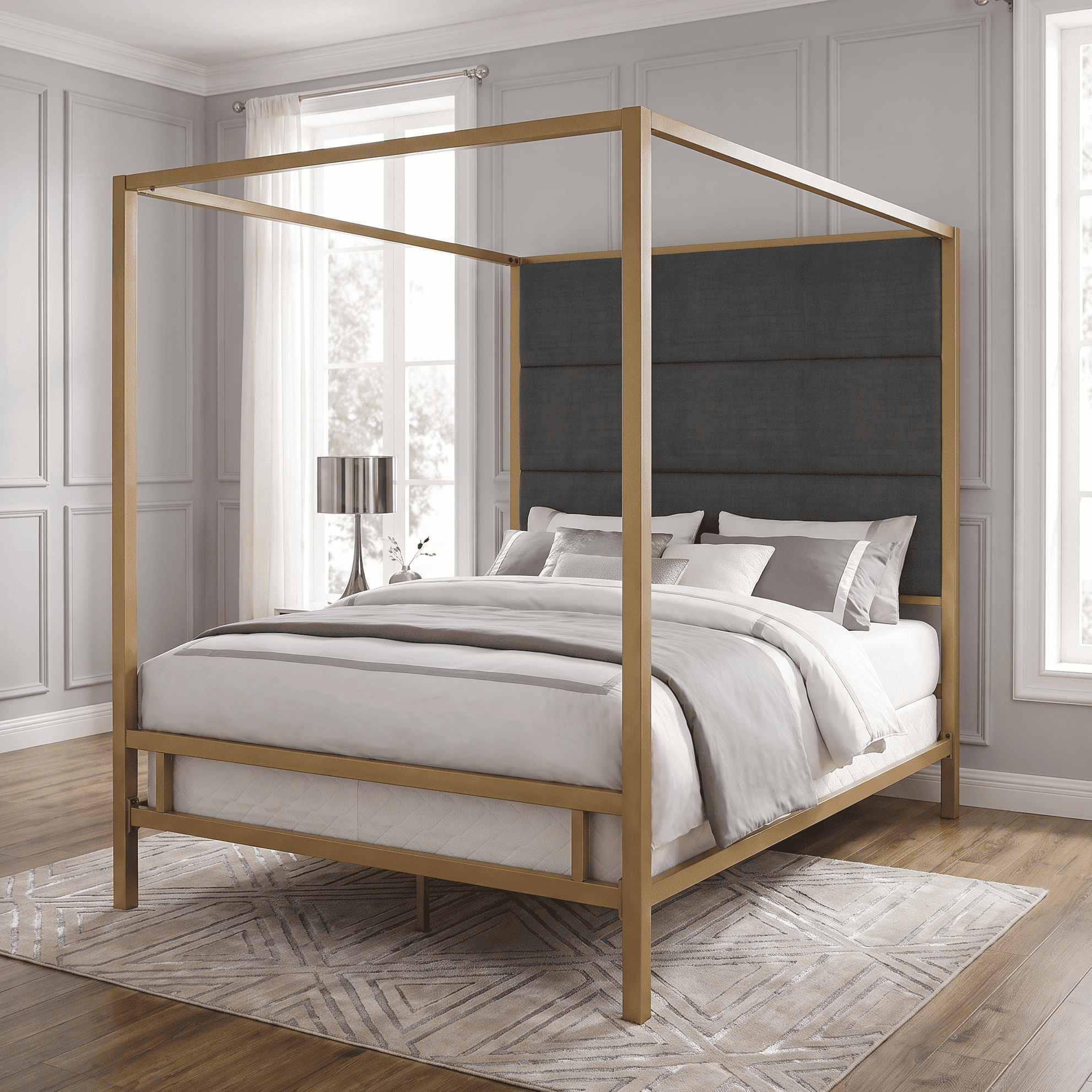 Euroco Metal Queen Size Canopy Bed with Linen Fabric Upholstered Headboard, 4-Poster Platform Bed, No Box Spring Needed, Gold