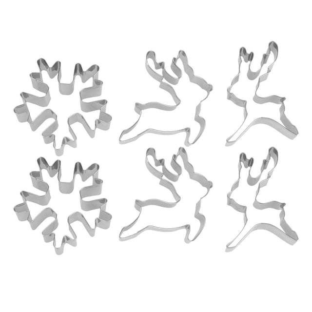 KAKOWELY 6 moldes navideños de acero inoxidable para tartas, galletas y arcilla (2 de cada uno con copos de nieve, ciervos sika corriendo)