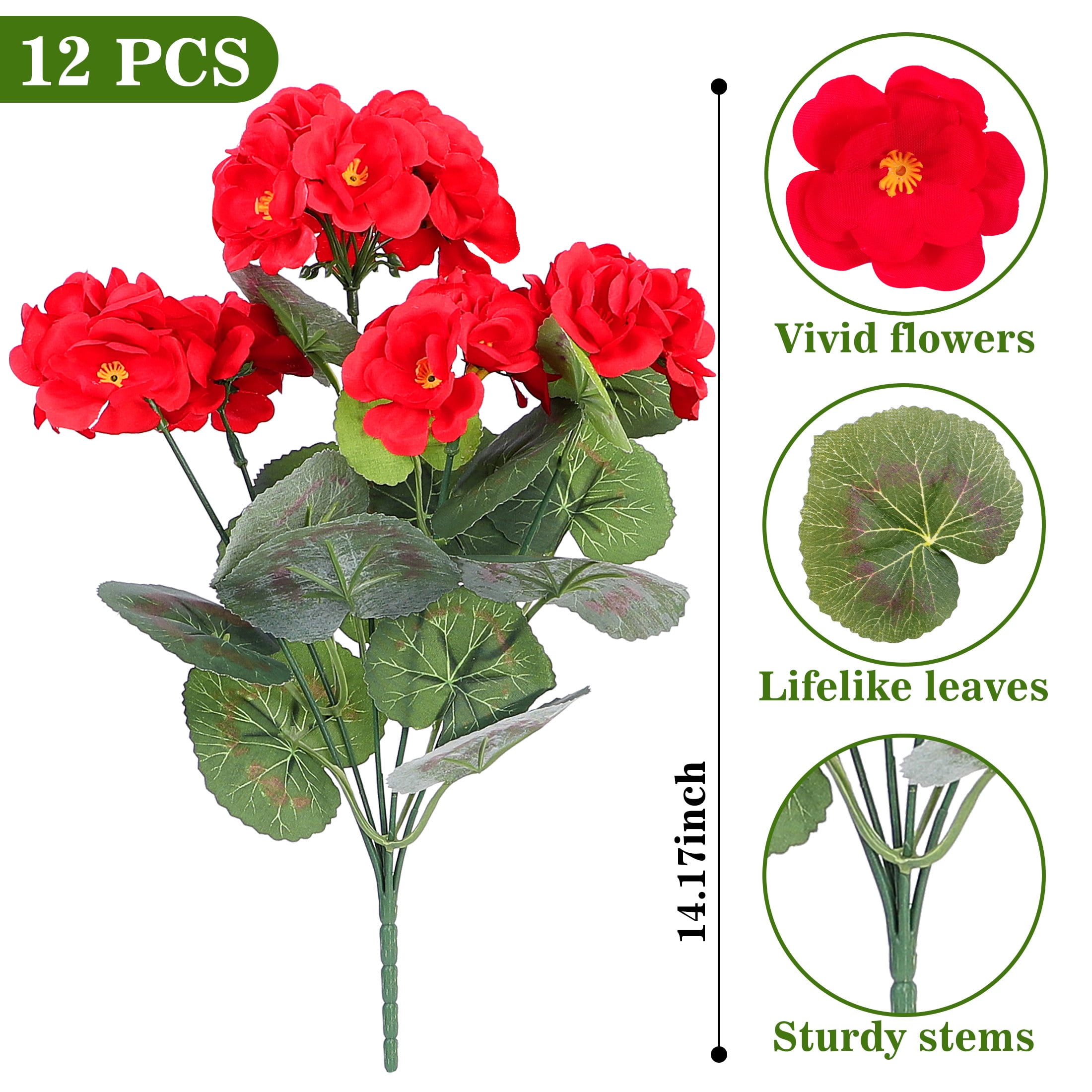 HKKDKTA 12 Pcs Artificial Geraniums for Outdoors Realistic Artificial Flowers, UV Resistant Red Fake Geraniums Silk Flowers for Porch, Garden Decor