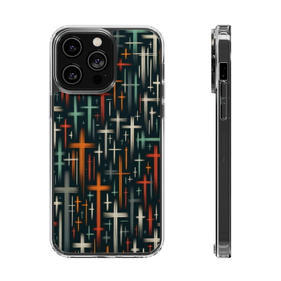 DistinctInk Hybrid (Acrylic / TPU) Clear Slim Fit Case for Apple iPhone 12 Pro (6.1" Screen) - Vibrant Hand-drawn Crosses on Stark Black