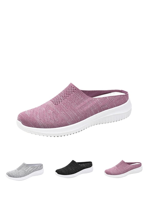 Women's Knitted Slip On Lightweight Mule Sneakers,Comfort Open Back Flats Fashion Mesh Breathe Loafer Closed Round Toe Low Top Walking Shoes