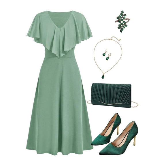 Mint Green Mid-Length Dress With Ruffle Cap Sleeves And V-Neck For Women