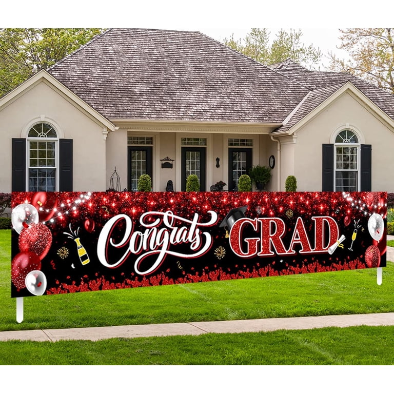 Class Of 2025 Congrats Grad Banner – Large Black & Red Graduation Yard Sign | Outdoor/Indoor Party Decorations 118"x24"