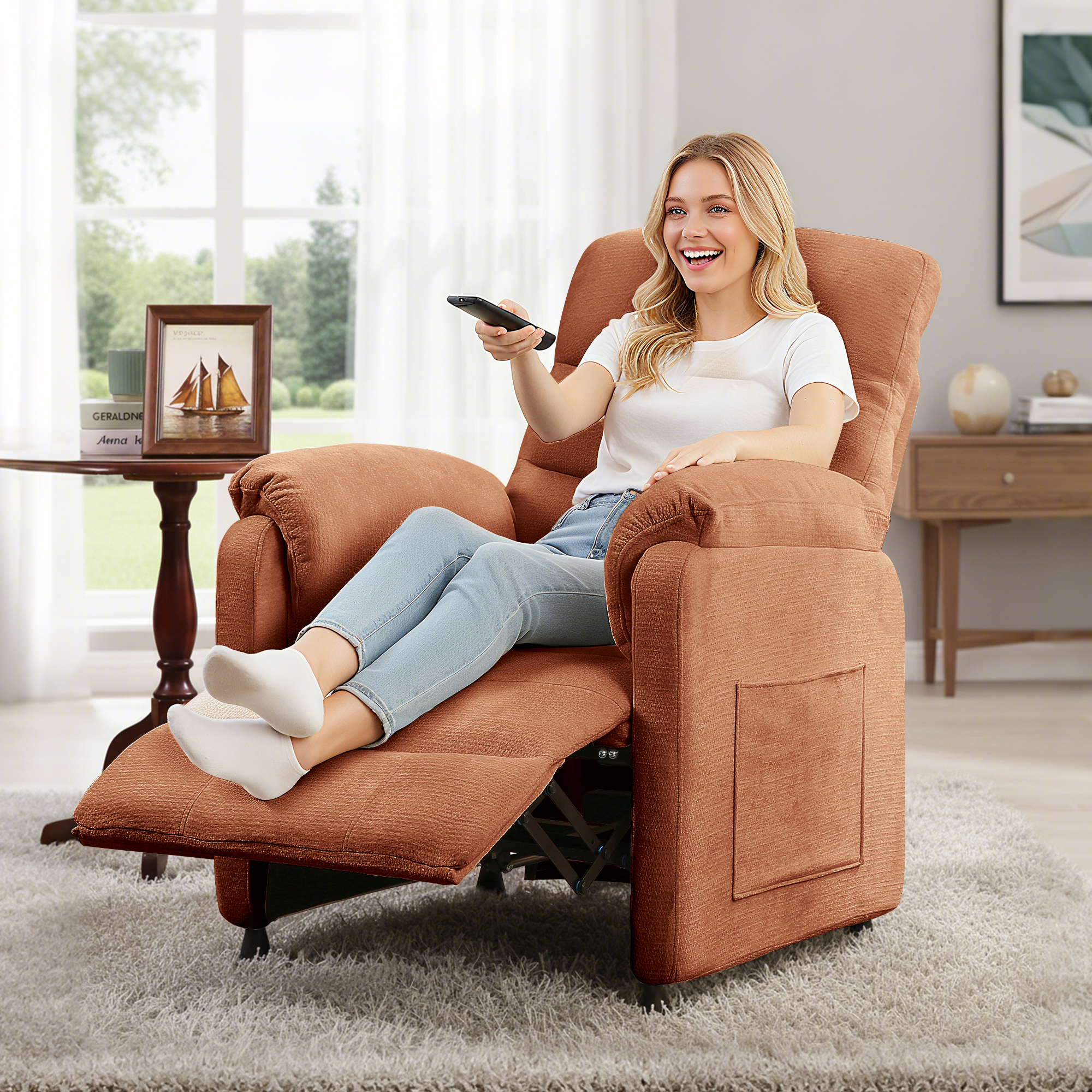 Miniyam Motorized Recliner in Orange, Features 7-Zone Support, Wired Memory Remote & Quiet Brushless Motor