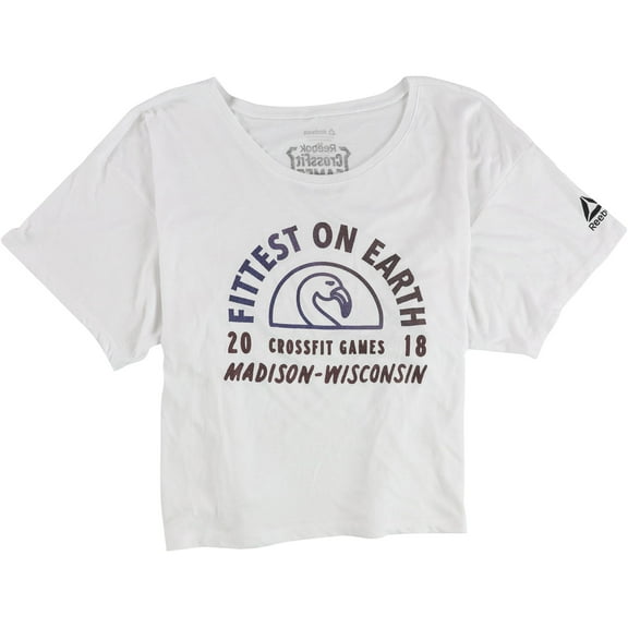 Reebok Womens Fittest On Earth Glitter Crop Graphic T-Shirt, White, Medium