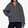 thumbnail image 2 of Tunic Tops Plus Size Women Winter Fall Loose Fit Hooded Long Sleeve Puff One Shoulder 1/4 Zipper Solid Color Pullover Cotton Pullovers Hoodie(Dark Gray,M), 2 of 6