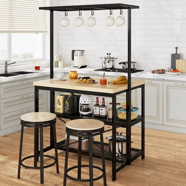42" Large Kitchen Island Bakers Rack Microwave Oven Stand Kitchen Shelf with 3 Tier Storage, Metal Coffee Bar Table,Kitchen Storage Shelf for Dining Living Room, 5 Hooks, 42"*28"*72"