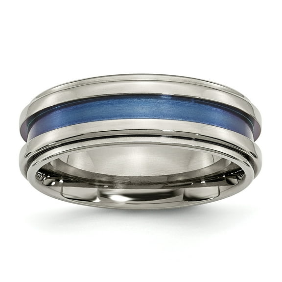 Titanium with Blue Triple Groove 8mm Engravable Polished Band
