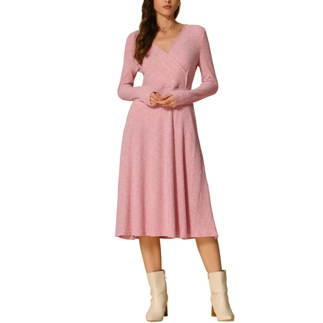 Vestidos de punto INSPIRE CHIC para mujer, vestido midi de manga larga con escote en V profundo, corte A, color rosa
