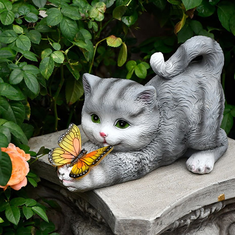 Yucurem Solar Lights Cat Statue Sculpture Outdoor Garden Lawn Figurines (Grey)