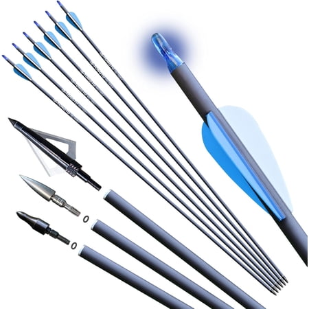 31 inch Hunting Arrows Pure Carbon Shaft +/-0.006 with 100 Grain Broadheads and 6.2mm Lighted Nocks Spine 300/350/400/500 Archery Arrows for Compound Bow & Recurve Bows (Spine 350)