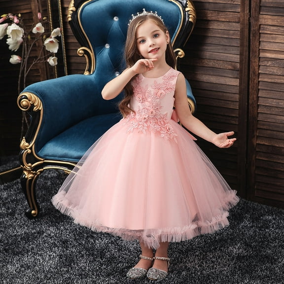 Girls Pink Gown Dress with Flower without Sleeves For Wedding, Pageant, Graduation, Birthday, Christmas and New Year ages 4-12 years old.