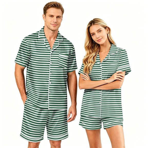 VV AVEORS Couple Matching Pajamas Sets Plaid Silk Short Sleeve Button Down Sleepwear Satin Pjs Shorts Set Soft Loungewear Green S