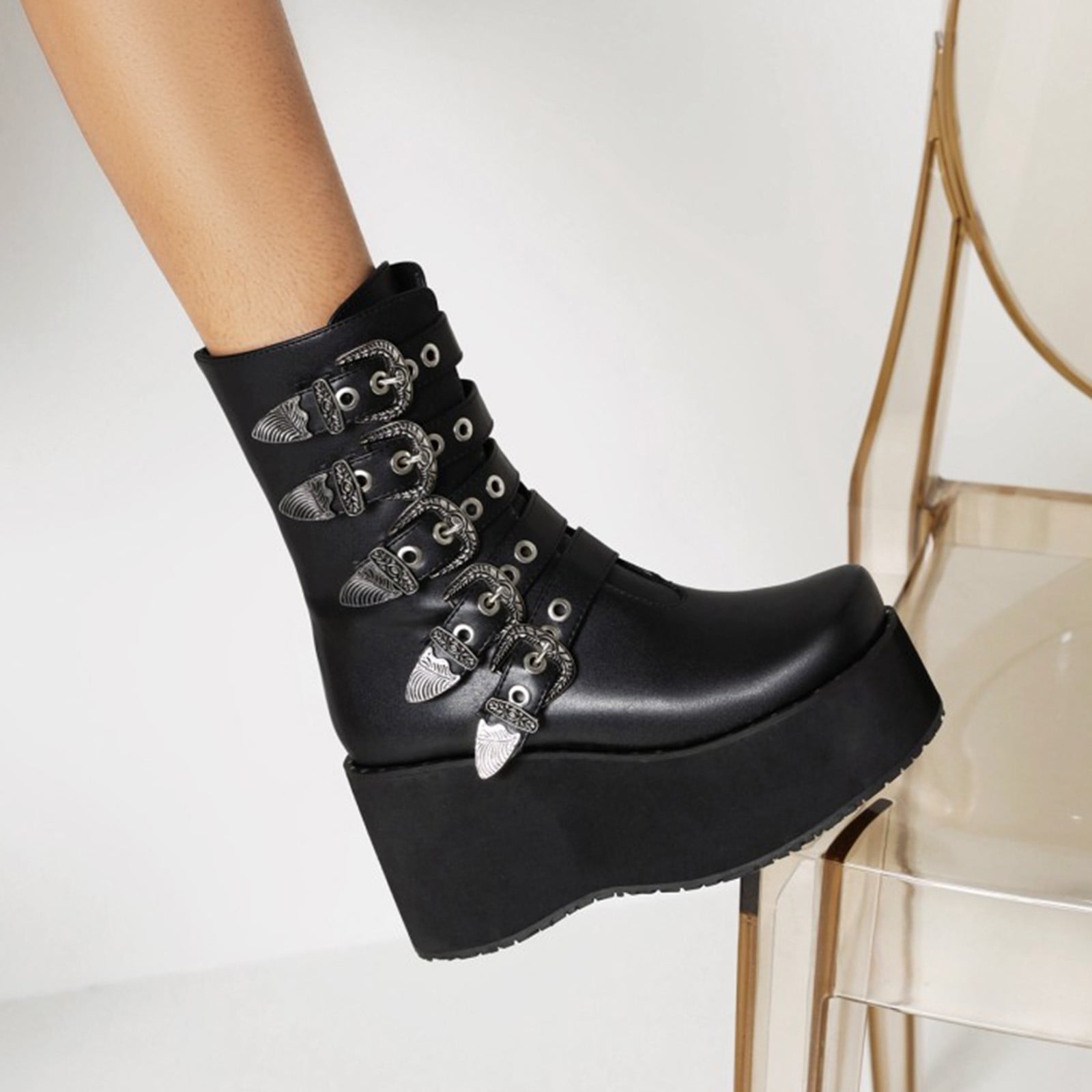 Womens Fashion Punk Zipper Buckle Strap Goth Chunky High Heels Platform Boots 