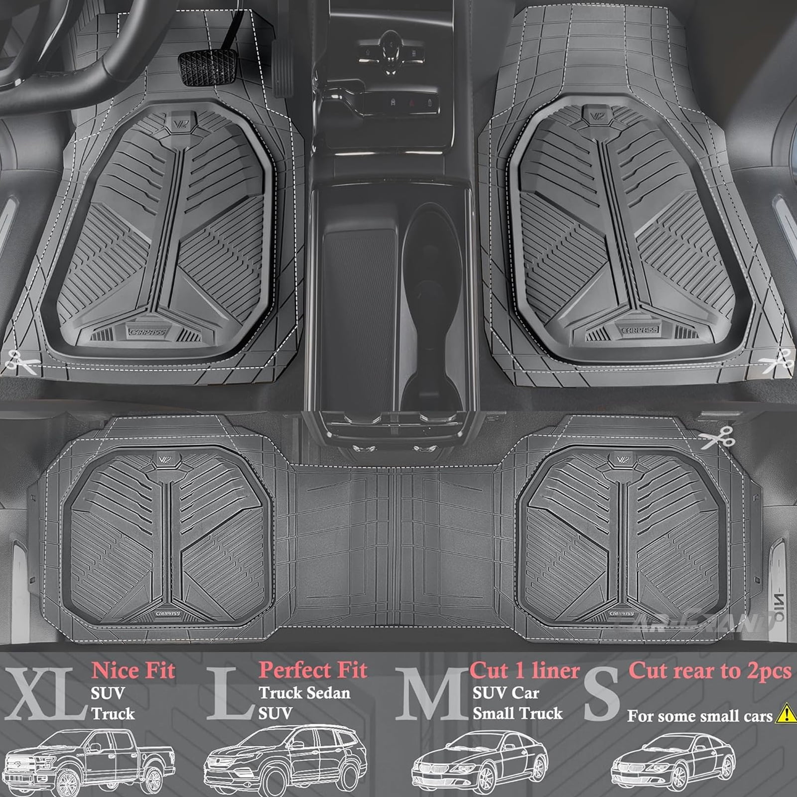 CAR GRAND Heavy duty rubble car floor mats full set deep dish water proof anti slip all weather truck mats universal fit trim-to-fit trimmable all gray