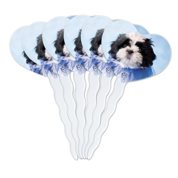 Shih Tzu Puppy Dog Jester Blue Heart Love Cupcake Picks Toppers Decoration Set of 6