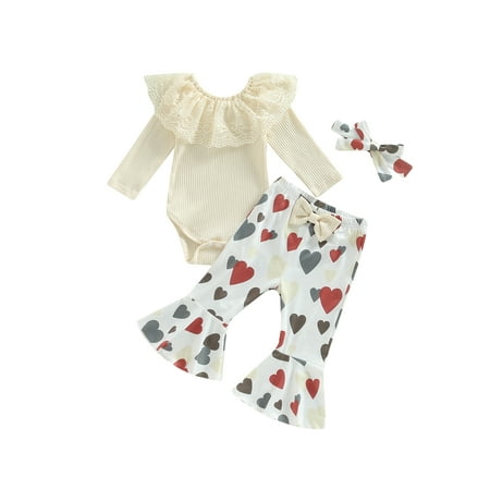

Musuos Baby Girls Valentine s Rib Lace Long Sleeve Romper Heart Print Flare Long Pants