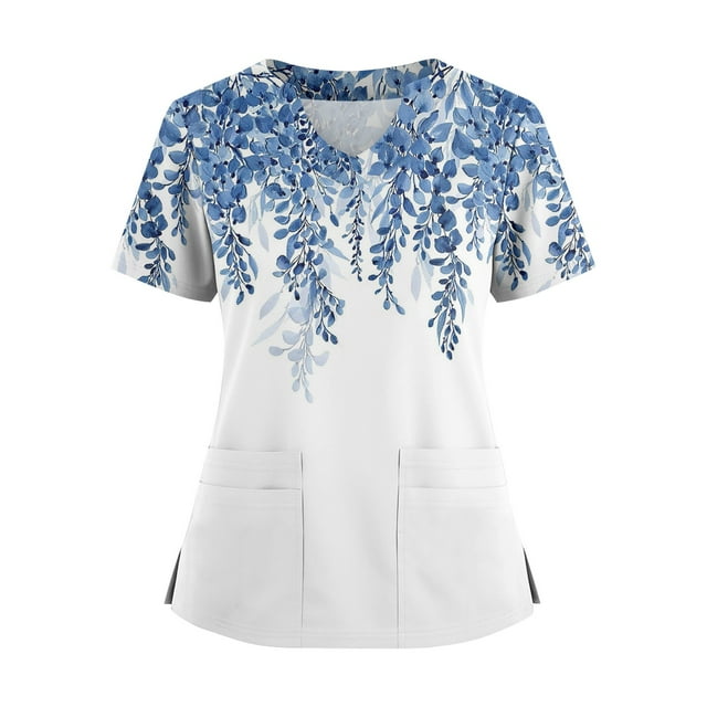Ktyne Tuniques de Sarrau pour Femmes Col en V Sarraus Médicaux Manches Courtes Extensibles Uniforme d'Infirmière Décontracté Tuniques de Sarrau avec Poche Blanc P