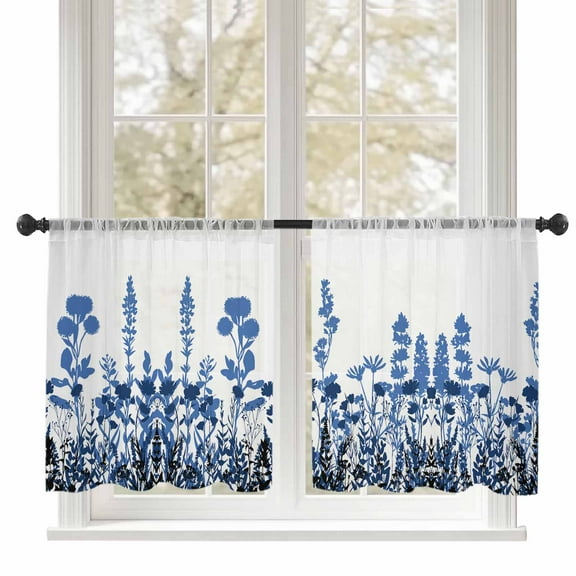 Sheer Curtains 45 inches Long, Country Flower Silhouette Navy Blue Black Gradient Light Filtering Sheer Window Curtains Rod Pocket Voile Drapes for Bedroom Living Room, 52"W x 45"L 2 Panels