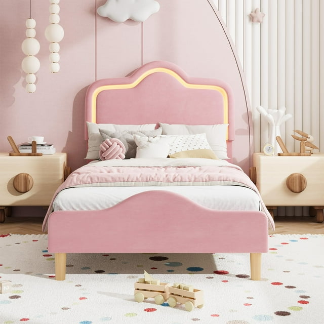 Yiwa Kids Velvet Bed Frame with LED Lights, Adjustable LED Headboard & Footboard Princess Platform, Wood Slats Support, No Box Spring Needed
