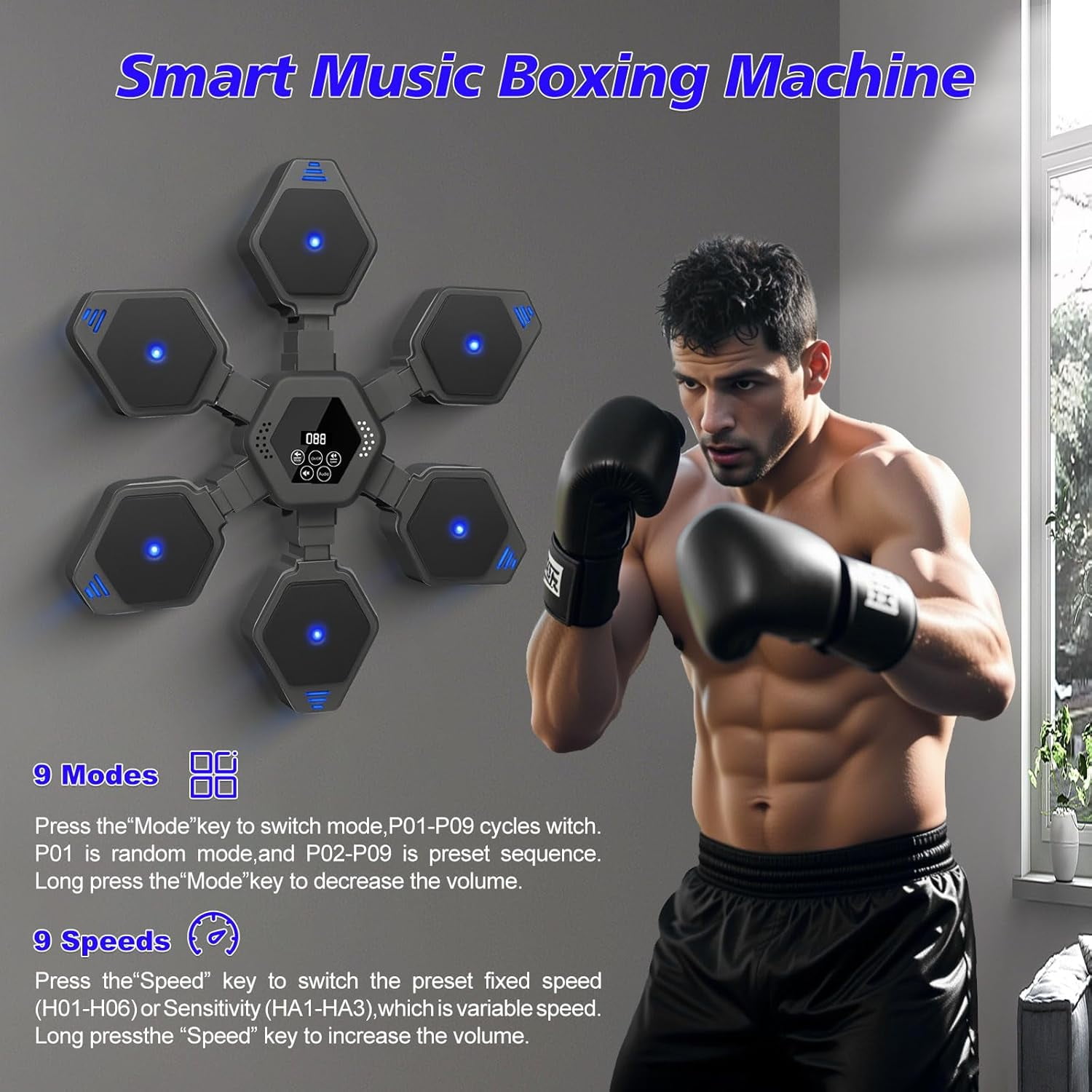 RKXQT 2025 Music Boxing Machine, 9 Modes & 9 Speeds Punching Music Boxing Machine for Adults, Telescopic Bluetooth Boxing Machine Boxing Gym Equipment with 2 Pairs Boxing Gloves for Home, Office, Gym