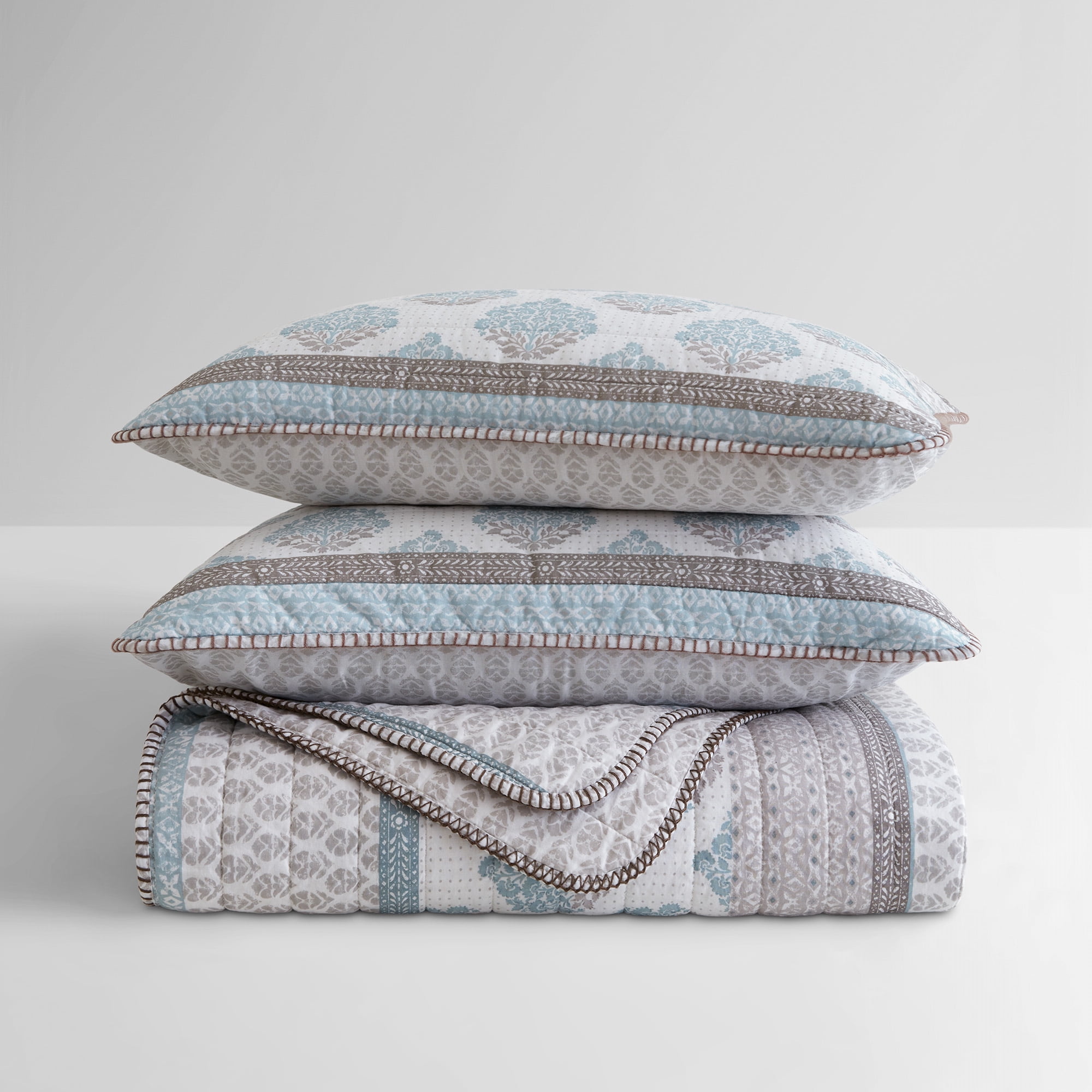 Full Queen 100% Cotton Quilt Set with Medallion Block-Print Design, 2" Channel Quilting, Lightweight All-Season Bedspread with Blanket Stitch, Prewashed for Softness