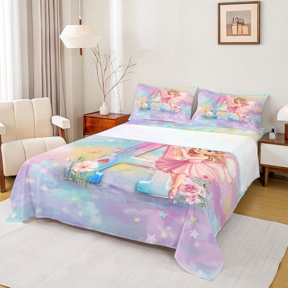 jejeloiu Magical Cute Girls Full Size Sheets For Kids,Girls Personalized Initial A Bed Sheets,4-Piece