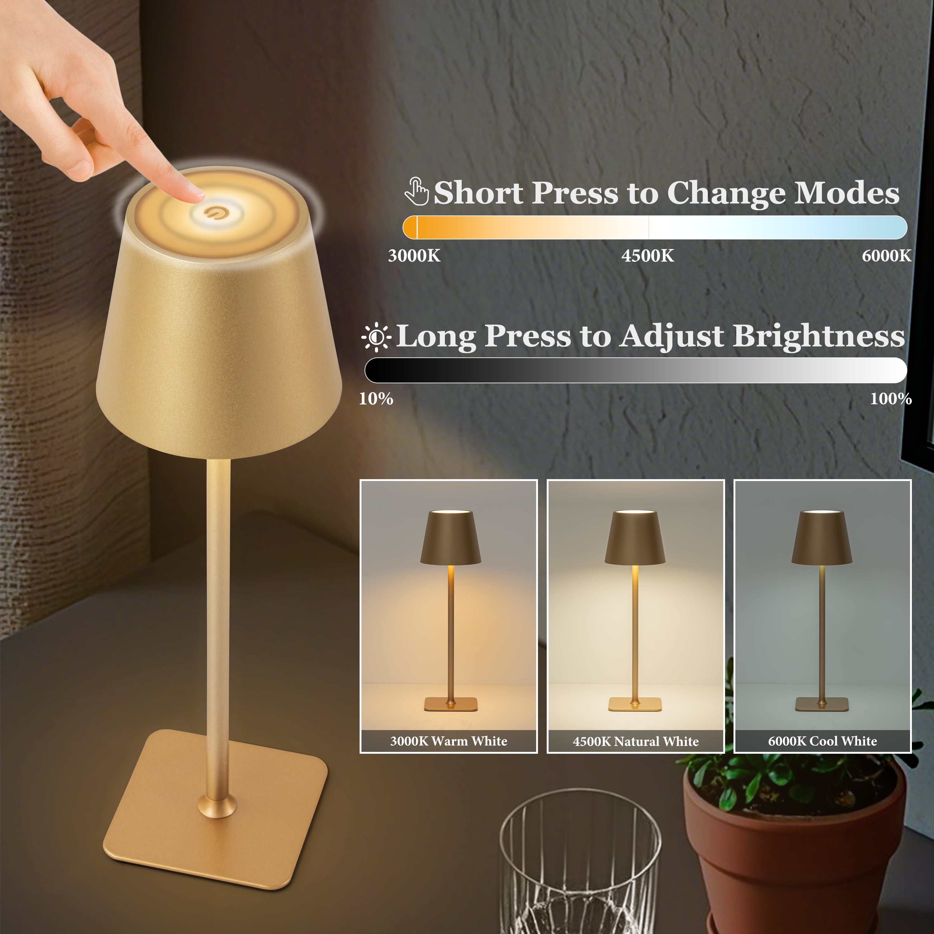 C Cattleya 4-Pack 14" Gold LED Cordless Table Lamp, 3CCT Dimmable Portable Desk Lamps